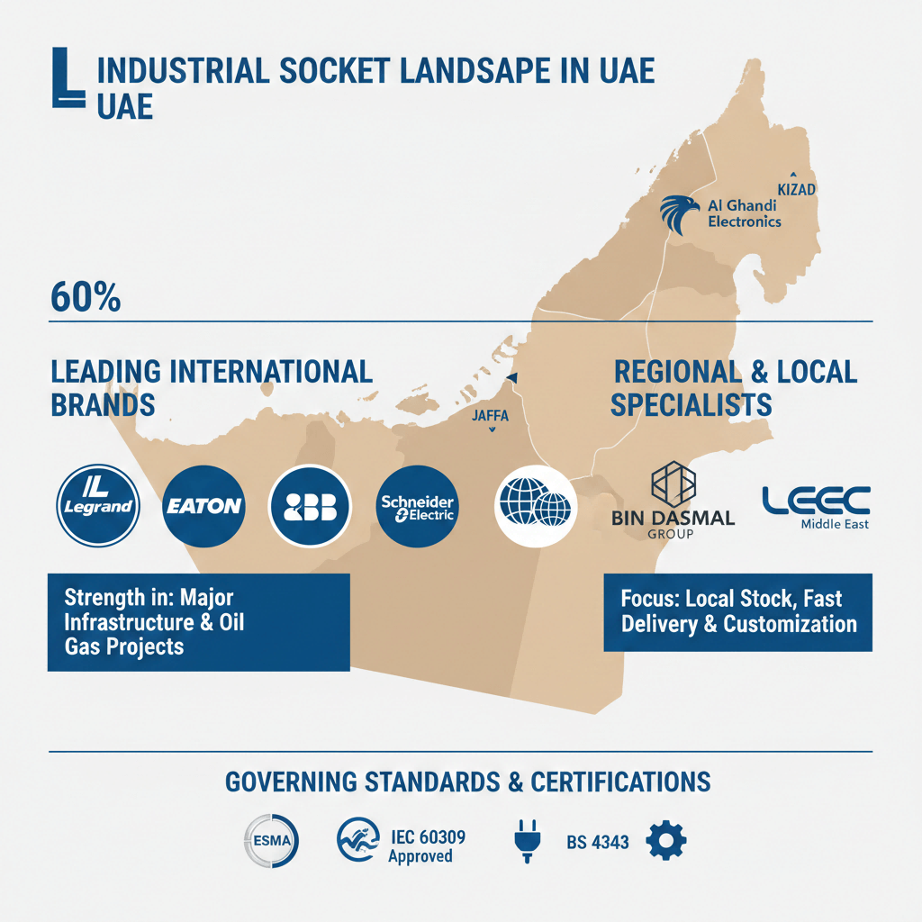 Infographic map of the UAE industrial socket market, showing leading international brands, regional suppliers, and key local compliance standards.