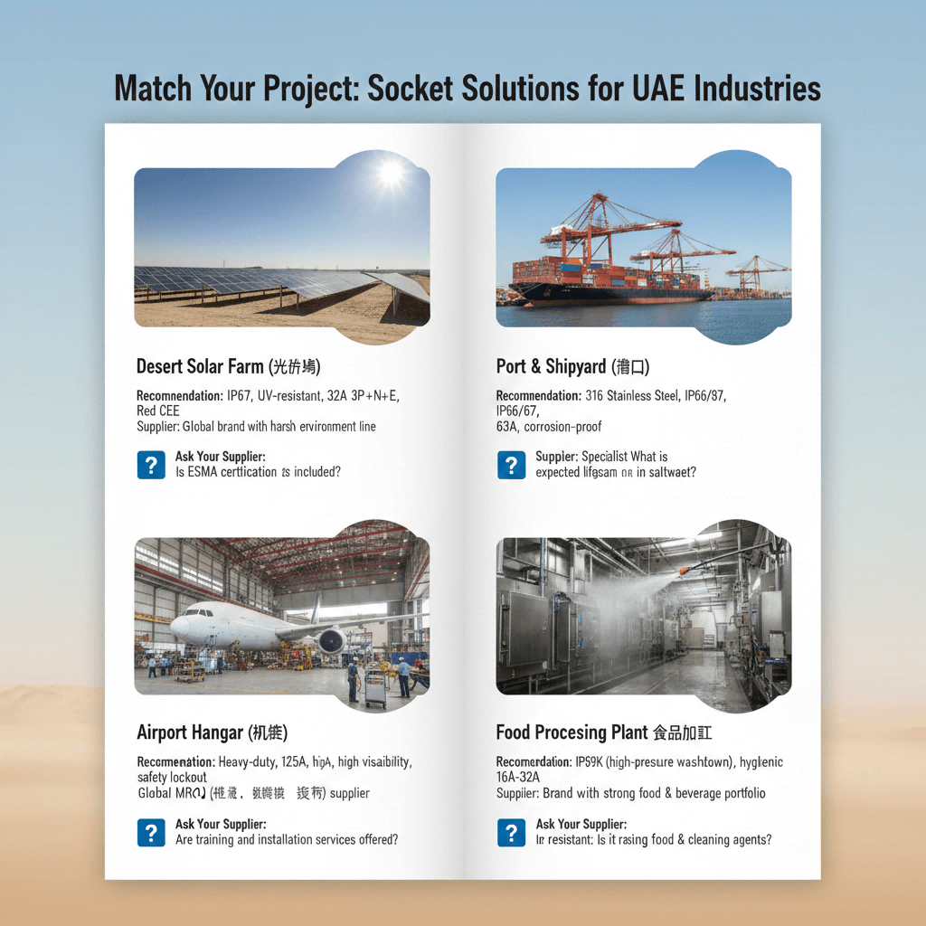 Quick selection guide matching four common UAE industrial projects (solar farm, port, airport, food plant) with recommended socket specifications and supplier types.