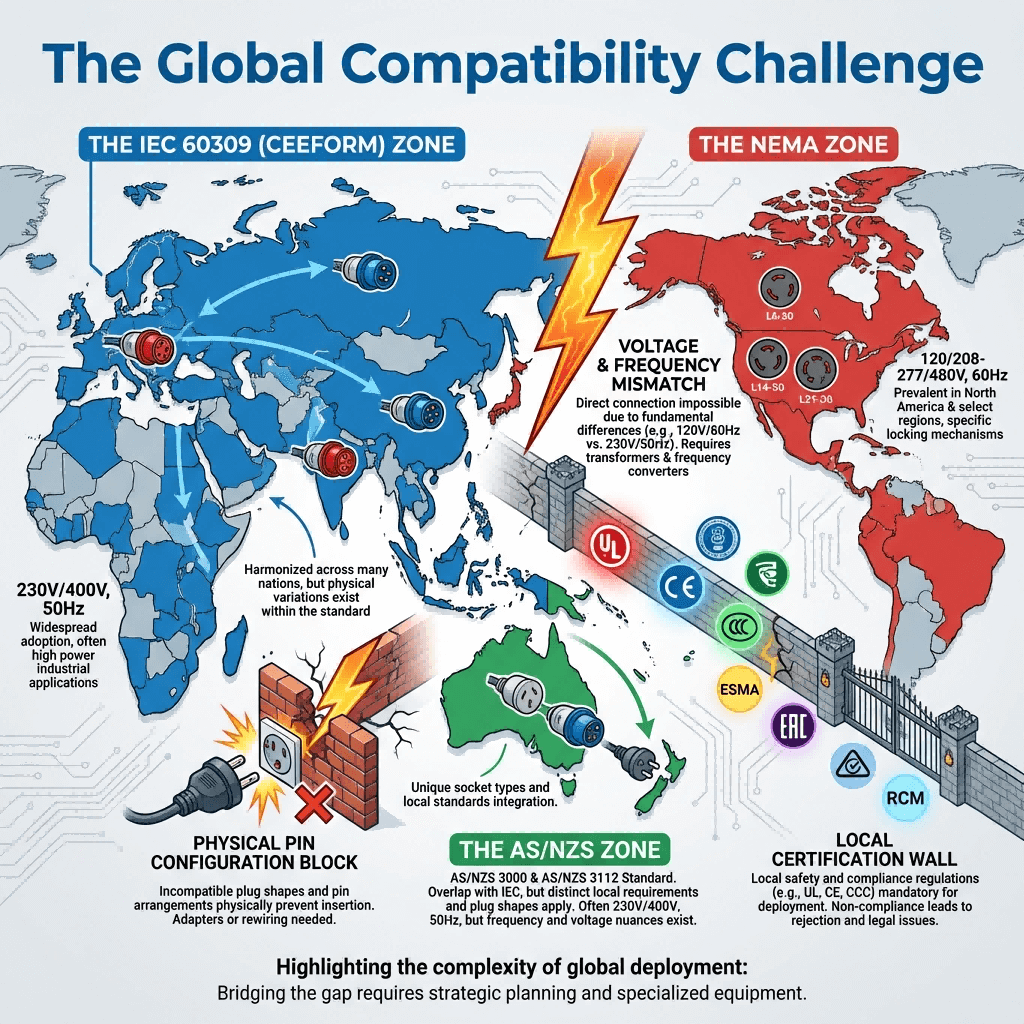 World map infographic visualizing the three major global industrial power standards (IEC, NEMA, AS/NZS) and the key electrical and physical barriers to compatibility between them.