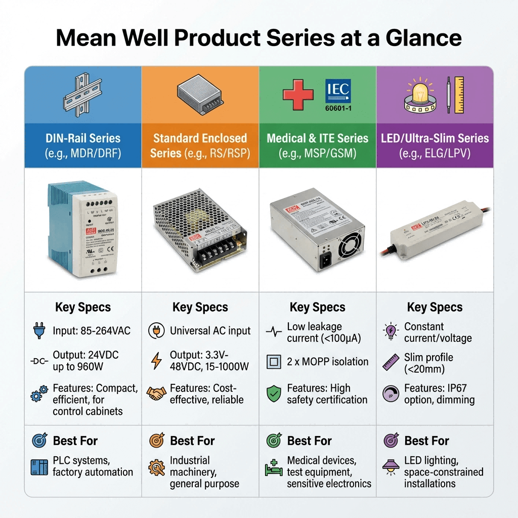 Comparison matrix of four main Mean Well power supply series for industrial use, highlighting their key specifications, features, and typical applications.