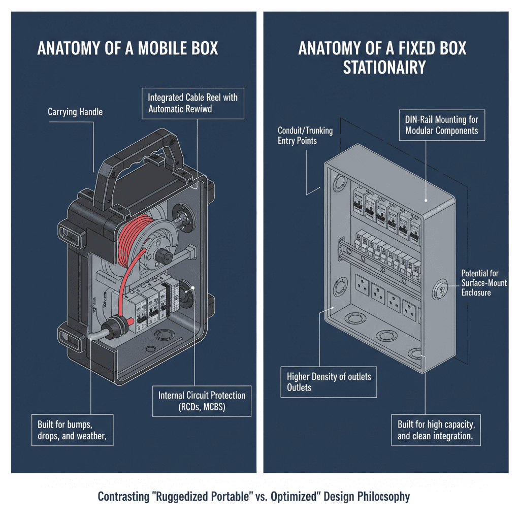 Technical diagrams contrasting the internal design of a mobile socket box (built for portability and durability) with a fixed box (built for high-density, secure integration).