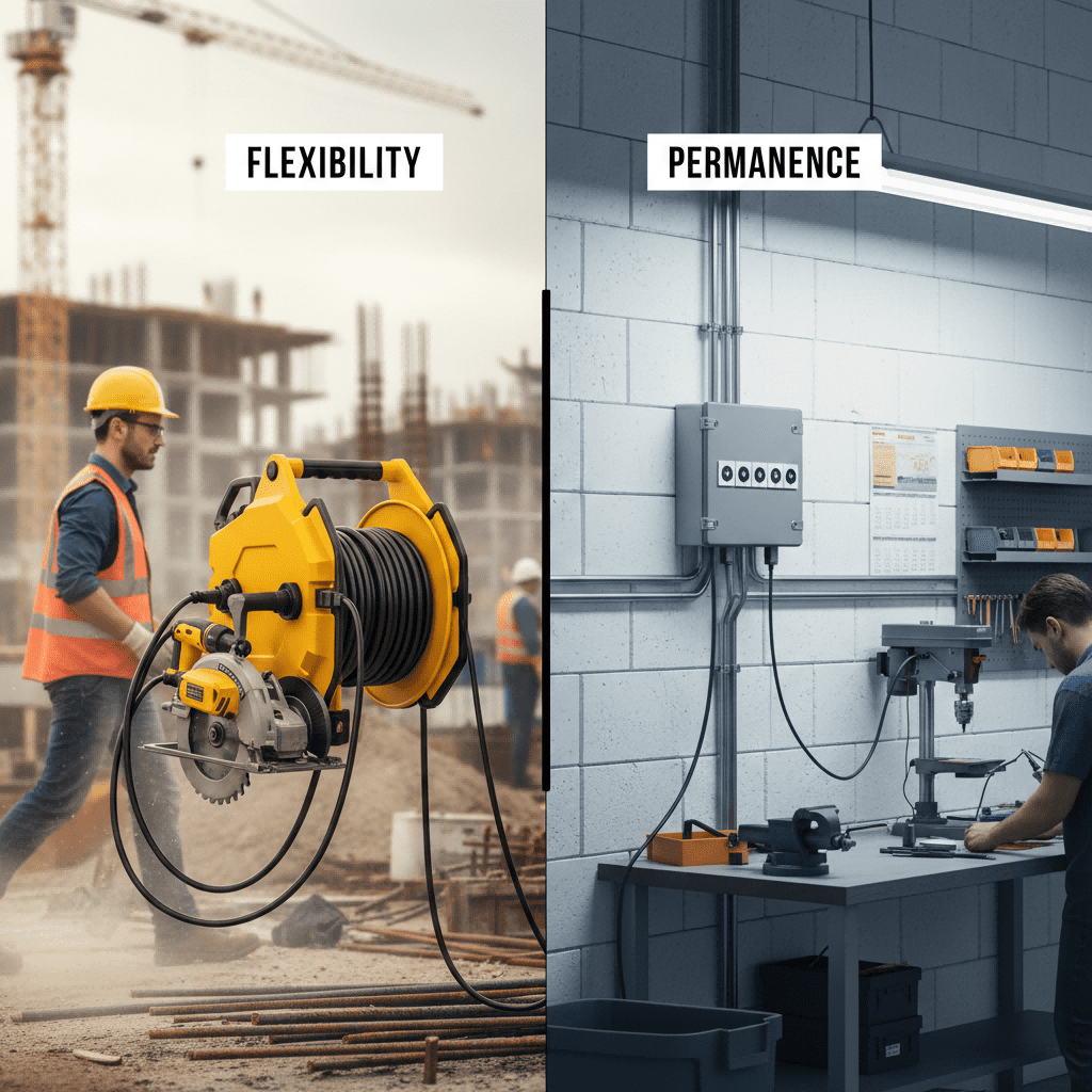 Conceptual comparison showing a mobile socket box in use on a dynamic construction site versus a fixed socket box integrated into permanent workshop infrastructure.