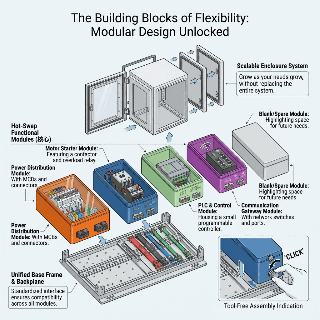 Exploded isometric view of a modular industrial distribution box, showing its standardized base frame, interchangeable hot-swap functional modules, and scalable enclosure design.