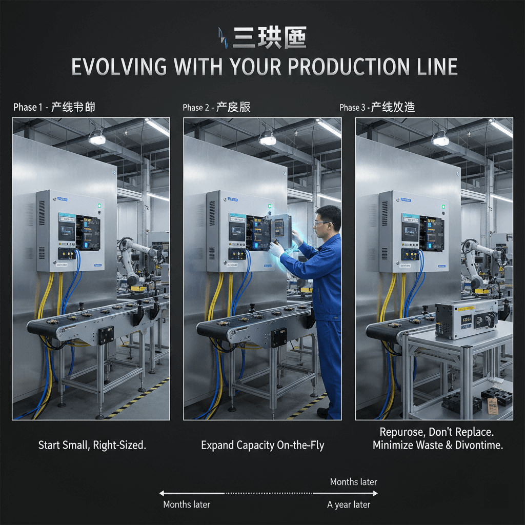 Modular Industrial Distribution Boxes Flexible Power Solutions (2) A three-panel progression showing a modular distribution box evolving its configuration over time to meet changing production line needs, from initial setup to expansion and reconfiguration, without full system replacement.