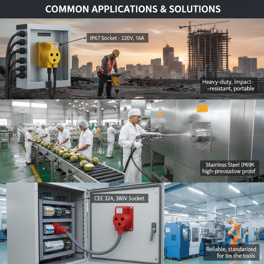 A scenario-based selection chart showing examples of industrial socket applications, specific configurations, and key selling points in three typical industries in the Philippines (construction sites, food processing, and manufacturing).