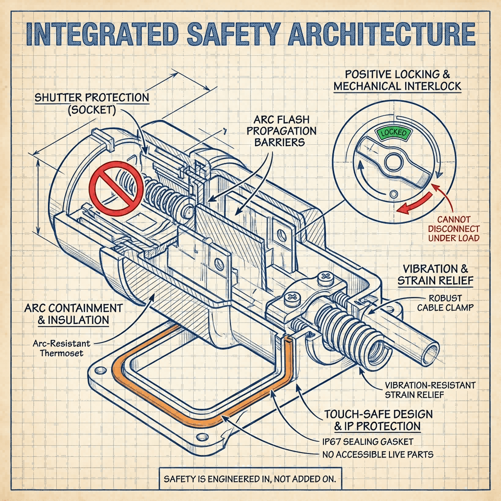 Cross-sectional technical diagram of a Schneider Electric industrial plug, revealing internal safety shutters, arc-resistant barriers, locking mechanisms, and strain relief.