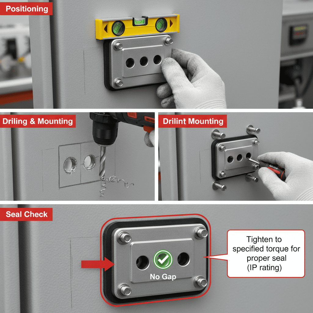 Step-by-step visual guide showing the correct positioning, drilling, and sealing installation of a surface-mounted socket housing onto a control panel.