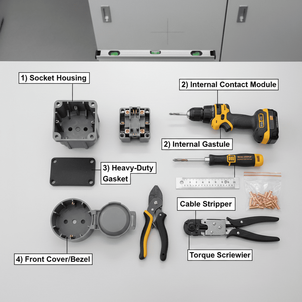 Exploded view of all components and tools needed for installing a surface-mounted industrial socket, including housing, gasket, contact module, and proper installation tools.