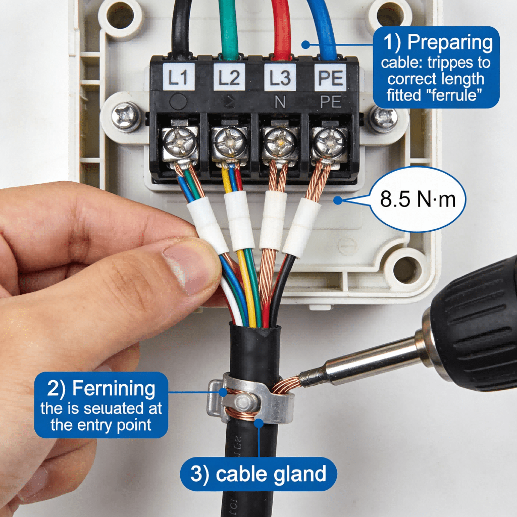 Close-up detail of professional wiring inside a surface-mounted socket, showing ferruled wires correctly terminated in torque-controlled terminals and proper cable strain relief.