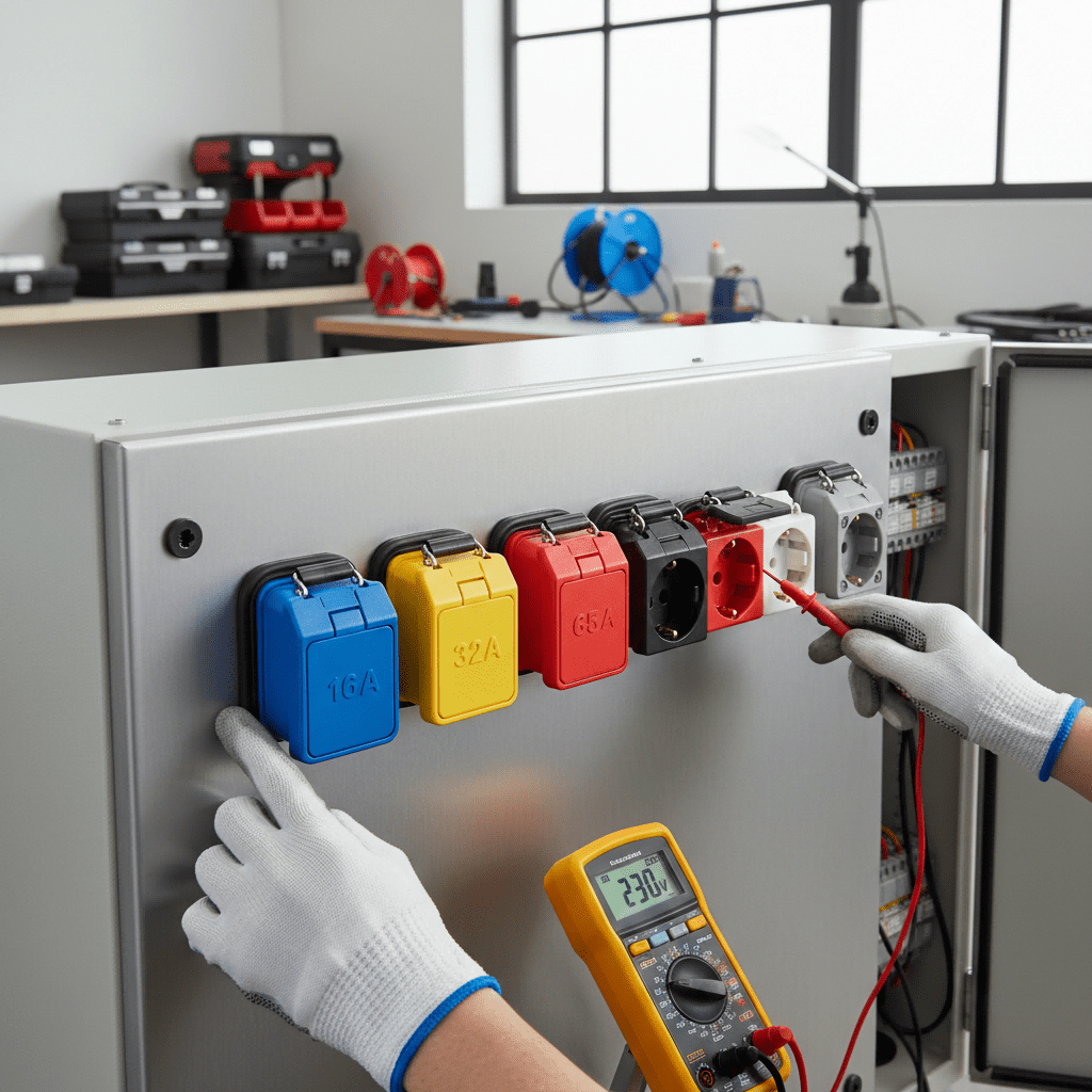 Completed installation of multiple surface-mounted sockets on an industrial control panel, with a technician performing final visual inspection and electrical testing with a multimeter