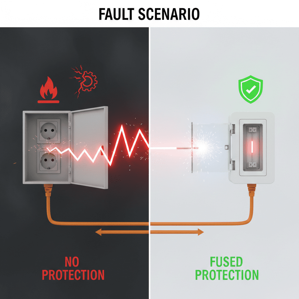 Conceptual comparison showing a heavy-duty cam lock connector providing cool, stable, and secure high-current transmission versus the risk of overheating in inferior connections.