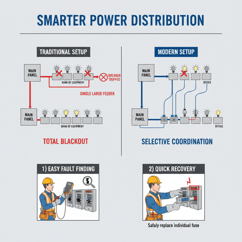 Triptych showing heavy-duty cam lock connectors in critical applications: large-scale event power distribution, high-current industrial processes, and mission-critical infrastructure hookups.