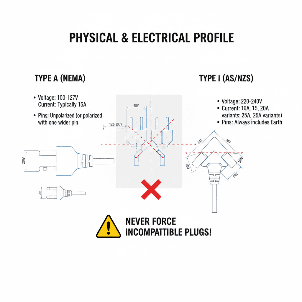 Detailed comparison diagram of Type A and Type I plug specifications, highlighting differences in pin shape, configuration, voltage, and current ratings.