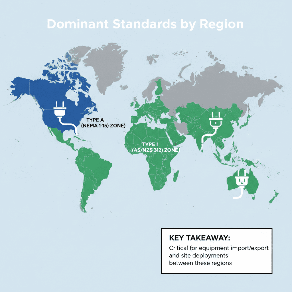 World map infographic showing the primary regional use of Type A plugs (Americas, Japan) versus Type I plugs (Australia, New Zealand, China, Argentina).
