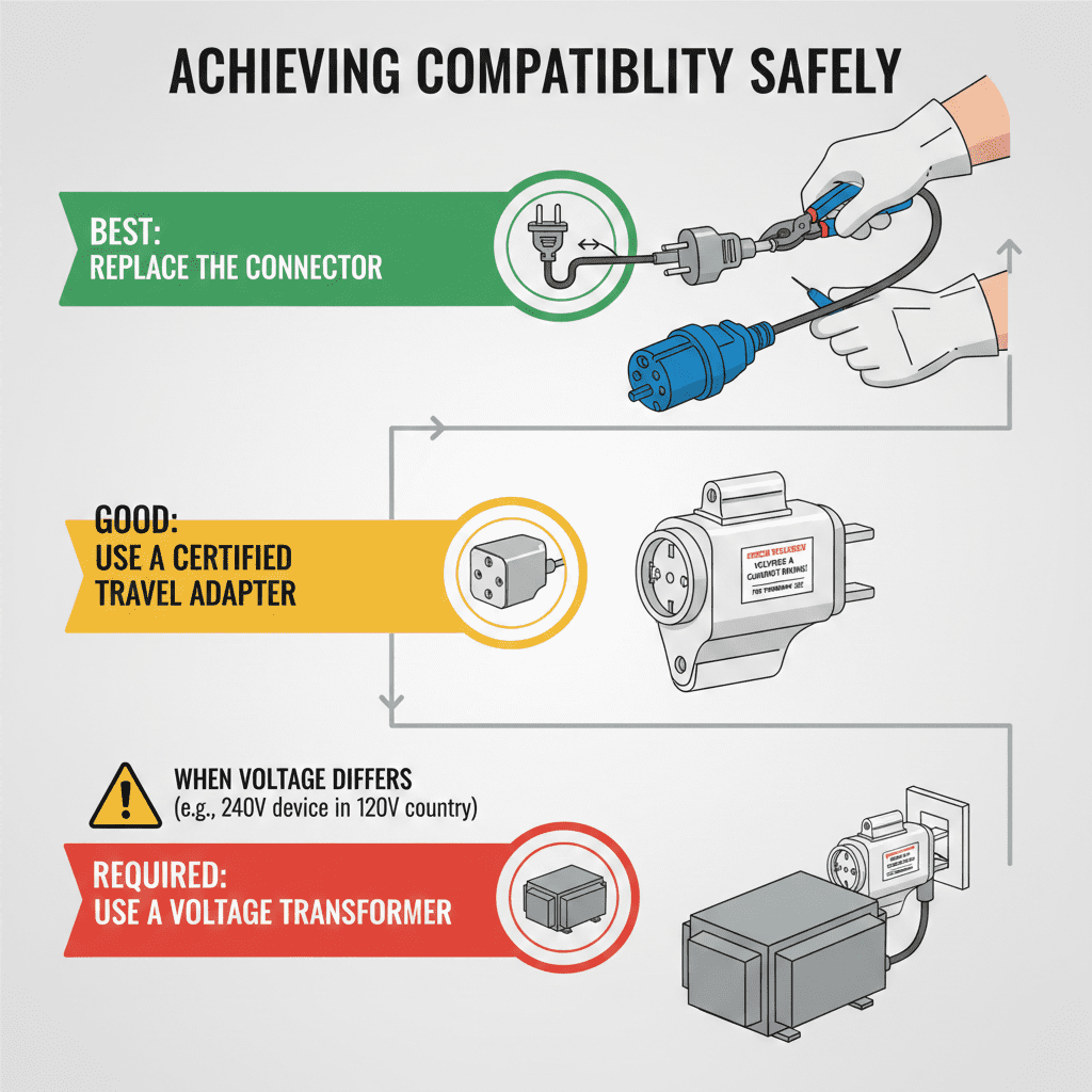 Infographic presenting safe solutions for Type A/Type I compatibility: replacing the plug, using certified adapters, and employing voltage transformers when necessary.