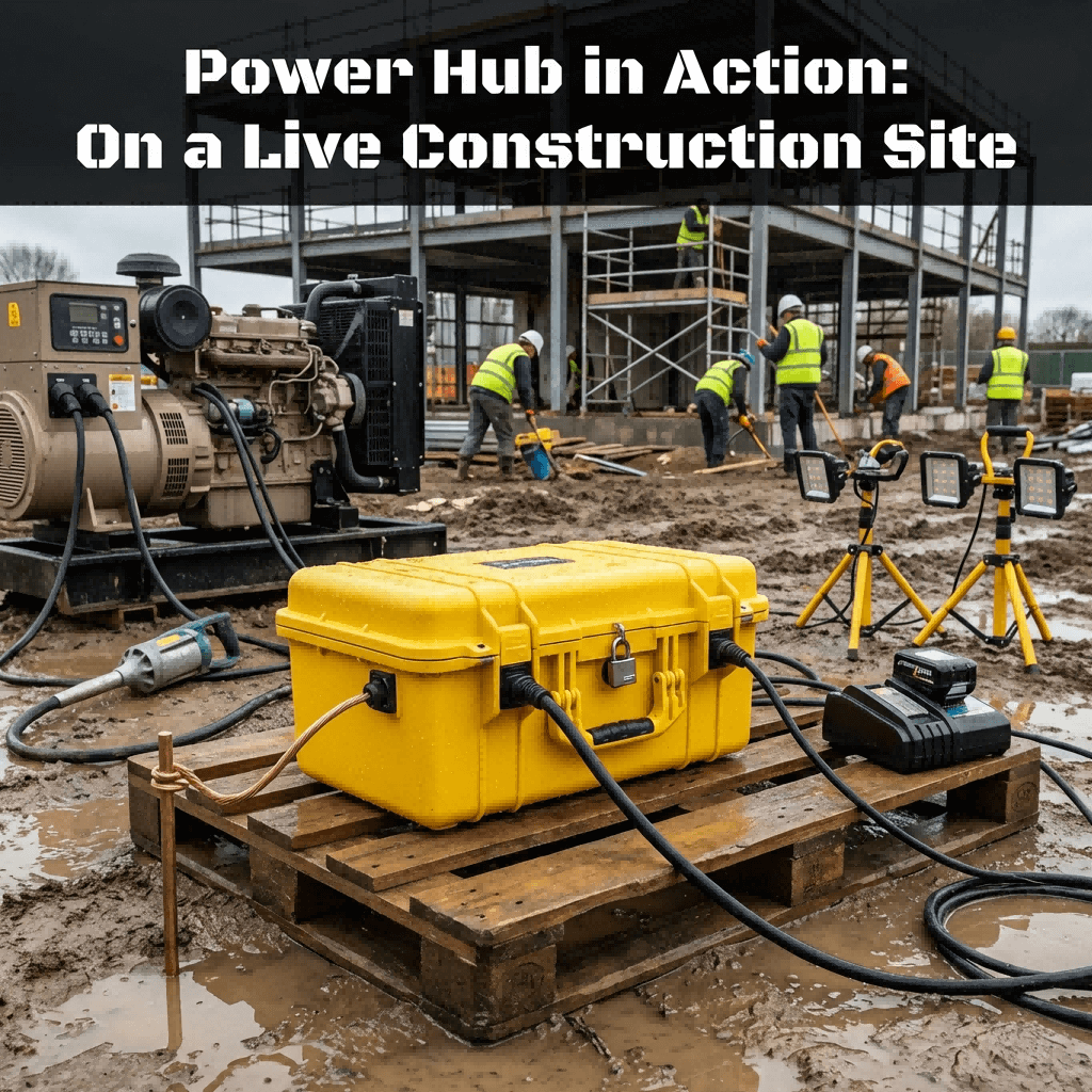 Weatherproof Distribution Boxes for Construction Sites (1) Scene on an active, muddy construction site showing a yellow weatherproof distribution box reliably powering multiple tools and lights simultaneously, while withstanding the wet environment.