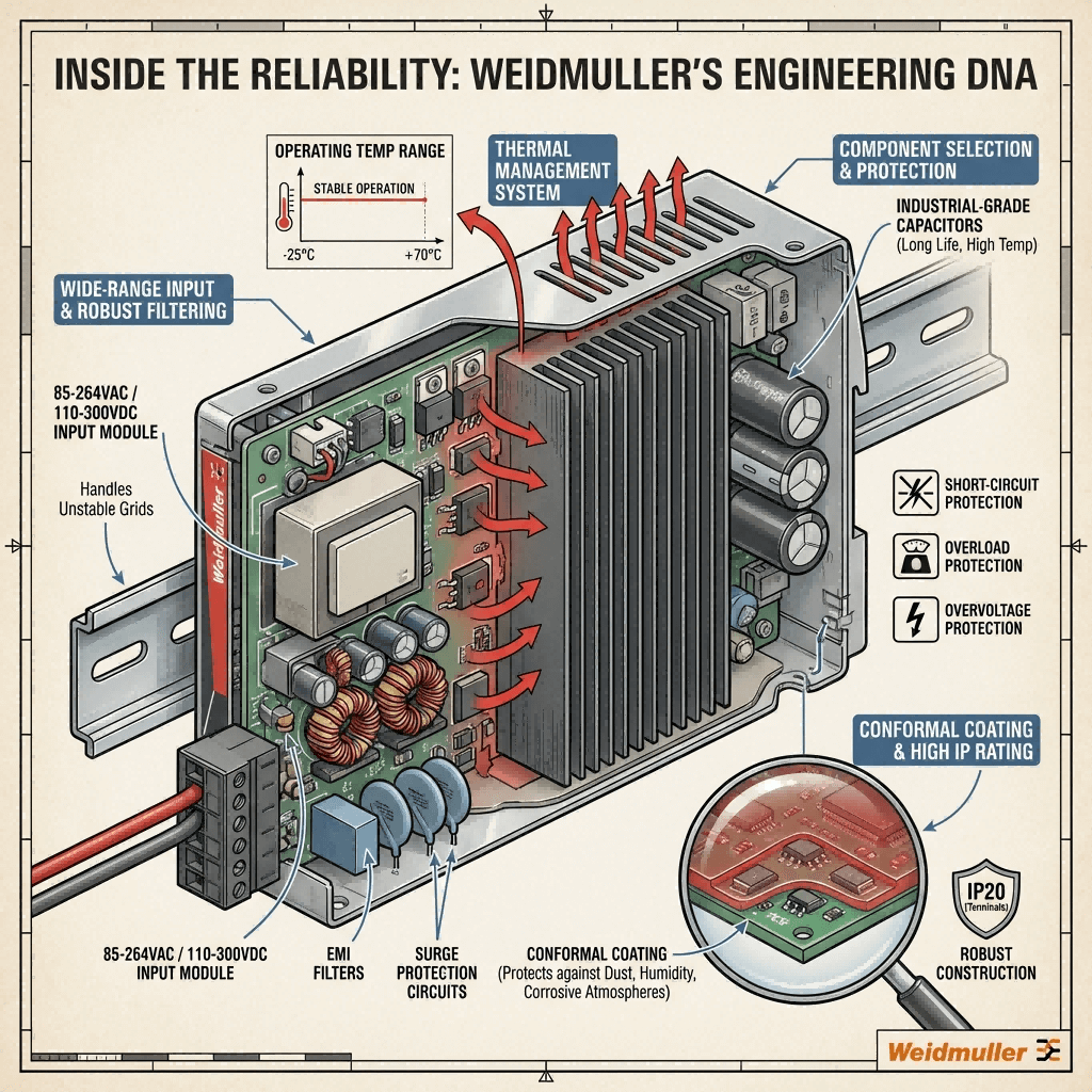 Cutaway technical diagram of a Weidmuller industrial power supply, highlighting key internal design features that ensure reliability, such as wide input range, thermal management, and protective circuits.