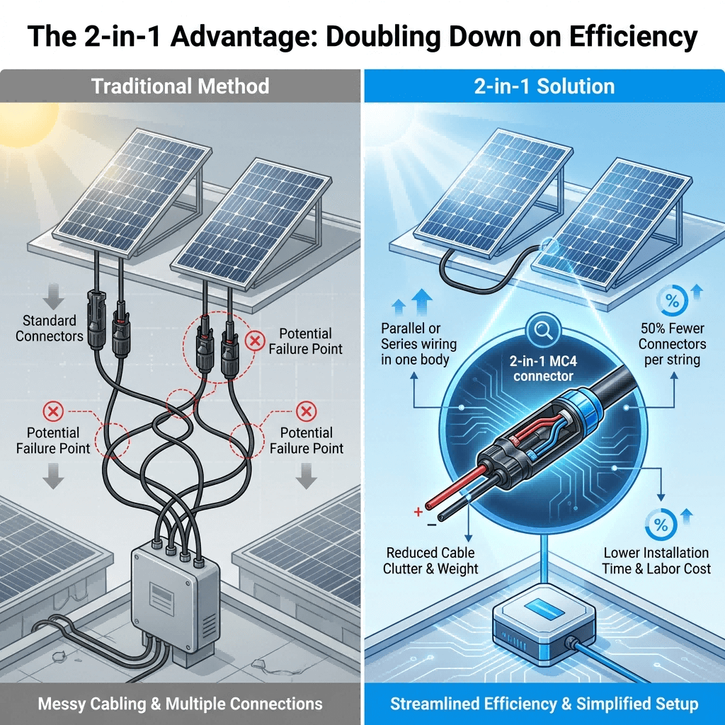 Infographic comparing traditional dual-connector solar wiring to a streamlined 2-in-1 MC4 connector system, highlighting a 50% reduction in connectors and simplified installation.