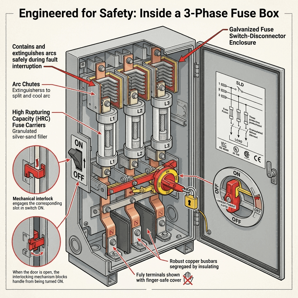 Cutaway diagram of a 3-phase industrial fuse box, highlighting HRC fuses, arc chutes, an interlocked door, and fully shrouded busbars for safe operation and fault protection.
