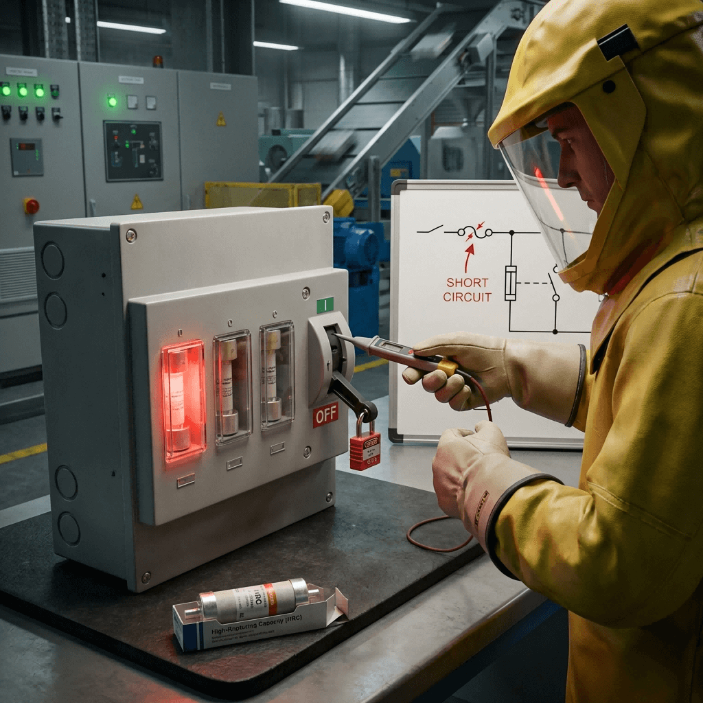 3-Phase Fuse Boxes Industrial Safety & Protection Features (2) Scene in an industrial motor control room showing a technician safely locking out a 3-phase fuse box after a fault, indicated by a red warning window, highlighting its critical protective role.