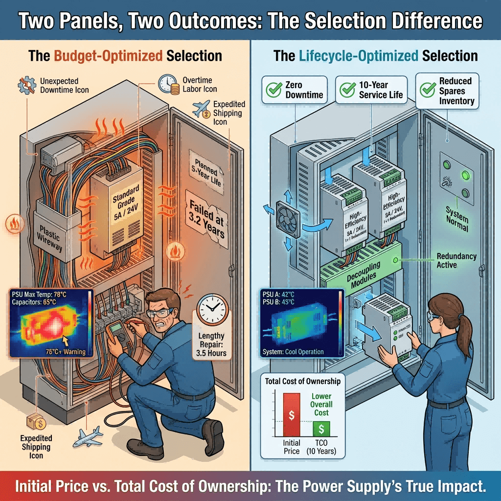 Isometric comparison of two control cabinets showing the long-term consequences of power supply selection: one with single, poorly-ventilated unit causing downtime and heat stress; another with redundant, serviceable, cool-running units enabling hot-swap and 10-year reliability.