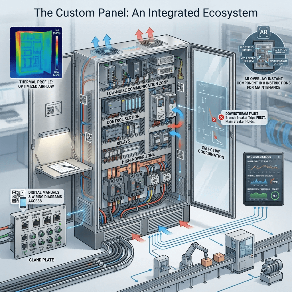 Hybrid illustration of a custom industrial control panel showing its optimized zoned layout, active thermal management, embedded selectivity design, and integration with real-time monitoring systems.