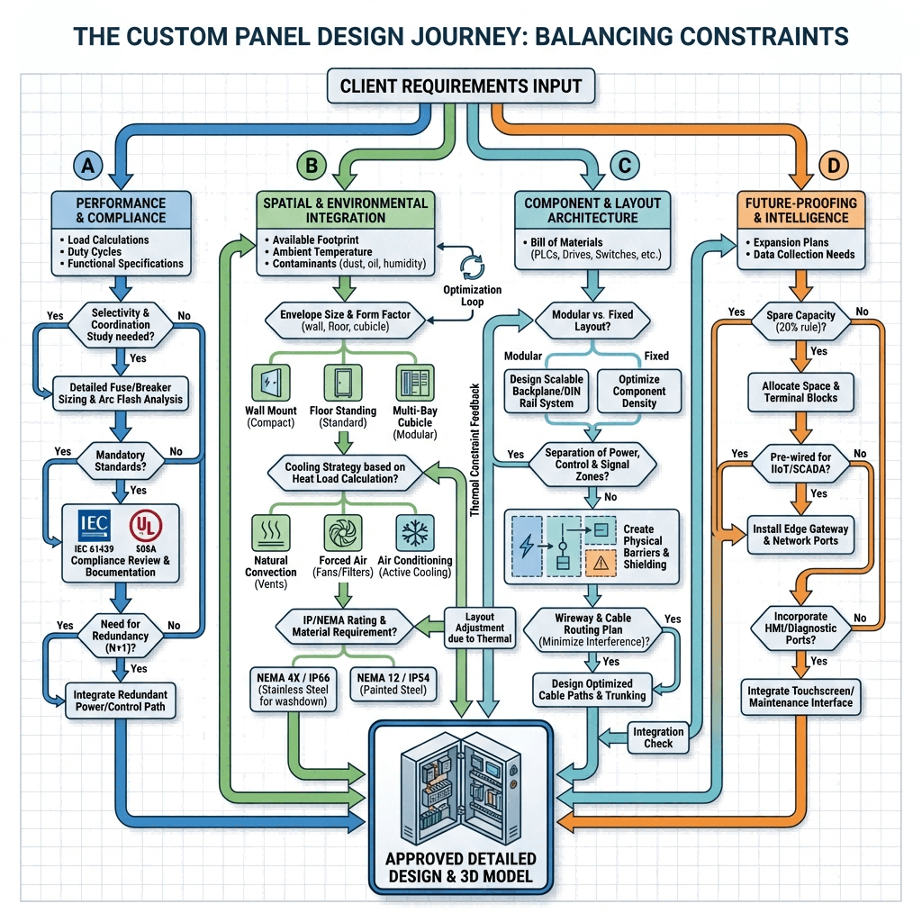 A multi-stream flowchart mapping the complex decision process in custom industrial panel design, covering performance, spatial constraints, component layout, and future-proofing with iterative feedback loops.