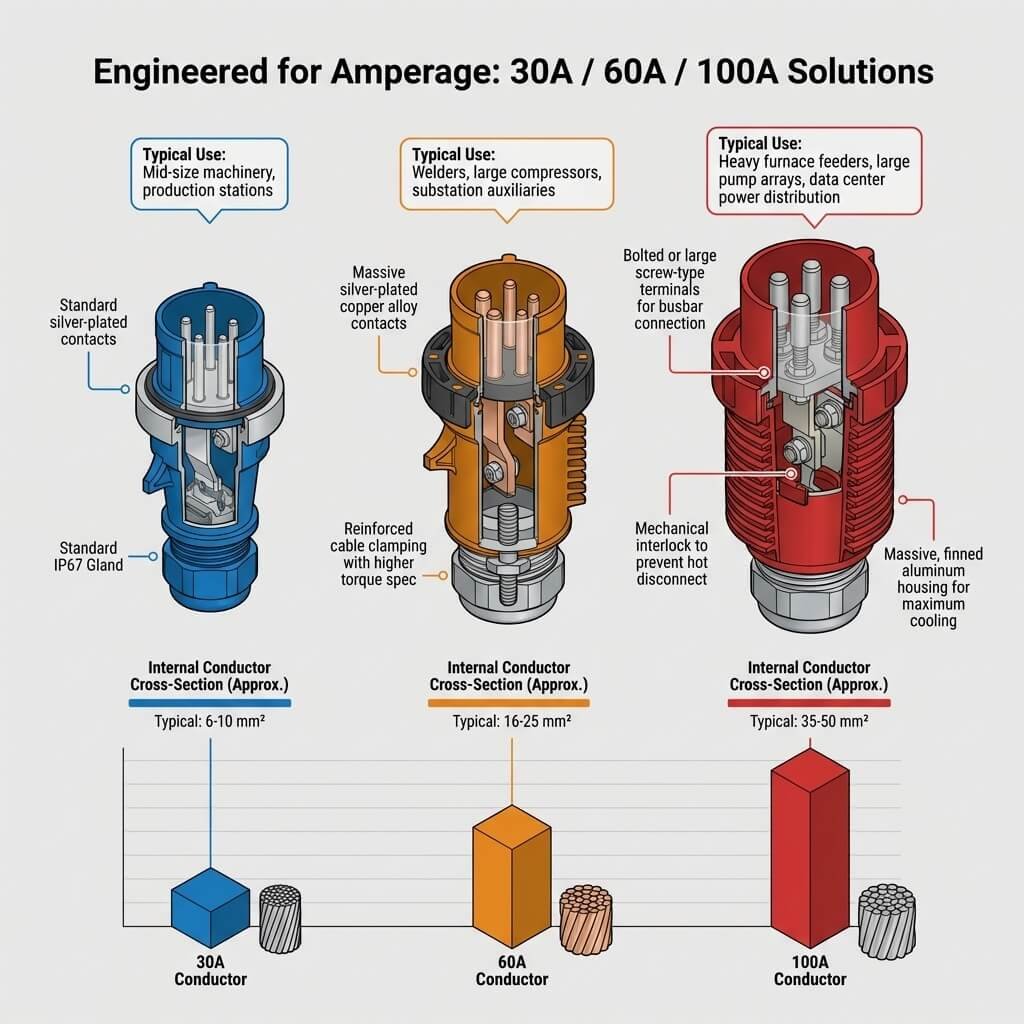 Comparison graphic of three industrial connectors rated for 30A, 60A, and 100A, showing their increasing size, contact design, cooling features, and typical applications.