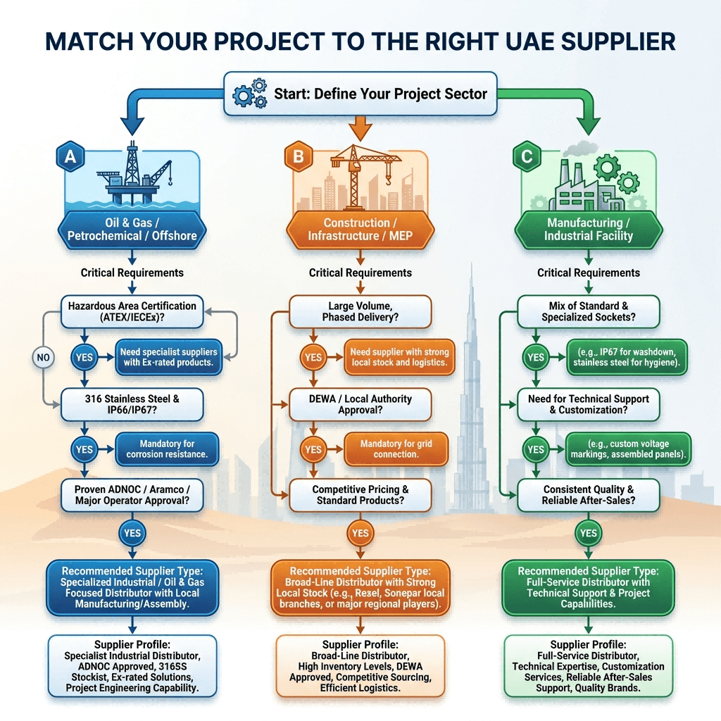 A project-to-supplier matching flowchart for UAE industrial socket procurement, guiding users from their sector (oil & gas, construction, manufacturing) to the ideal supplier type based on critical requirements.