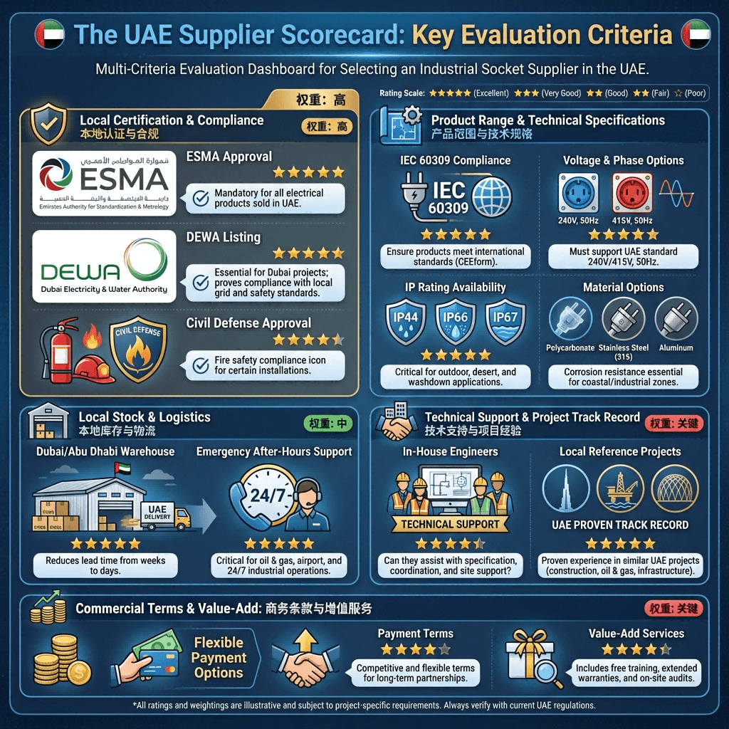 A supplier evaluation matrix for choosing industrial socket suppliers in the UAE, covering certification (ESMA, DEWA), product specifications, local stock, technical support, and commercial terms.
