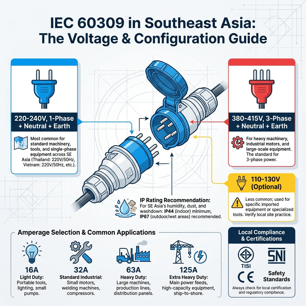 Infographic guide for selecting IEC 60309 plugs in Southeast Asia, explaining voltage color codes (blue for 240V, red for 400V), amperage, and recommended IP ratings for the regional climate.