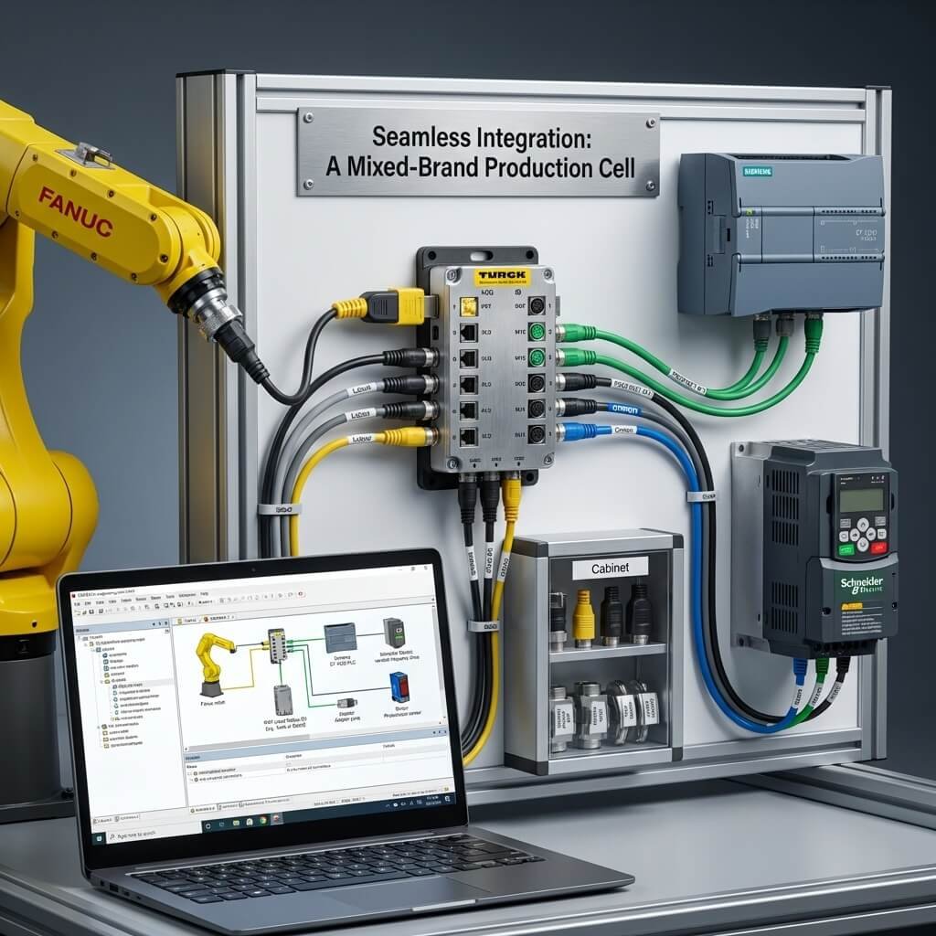 Industrial Connector Compatibility Cross-Brand Solutions (2) Scene of a modern automation cell showing a mixed-brand setup (Fanuc, Siemens, Schneider, Omron) seamlessly integrated through a central modular junction hub and adapter solutions.
