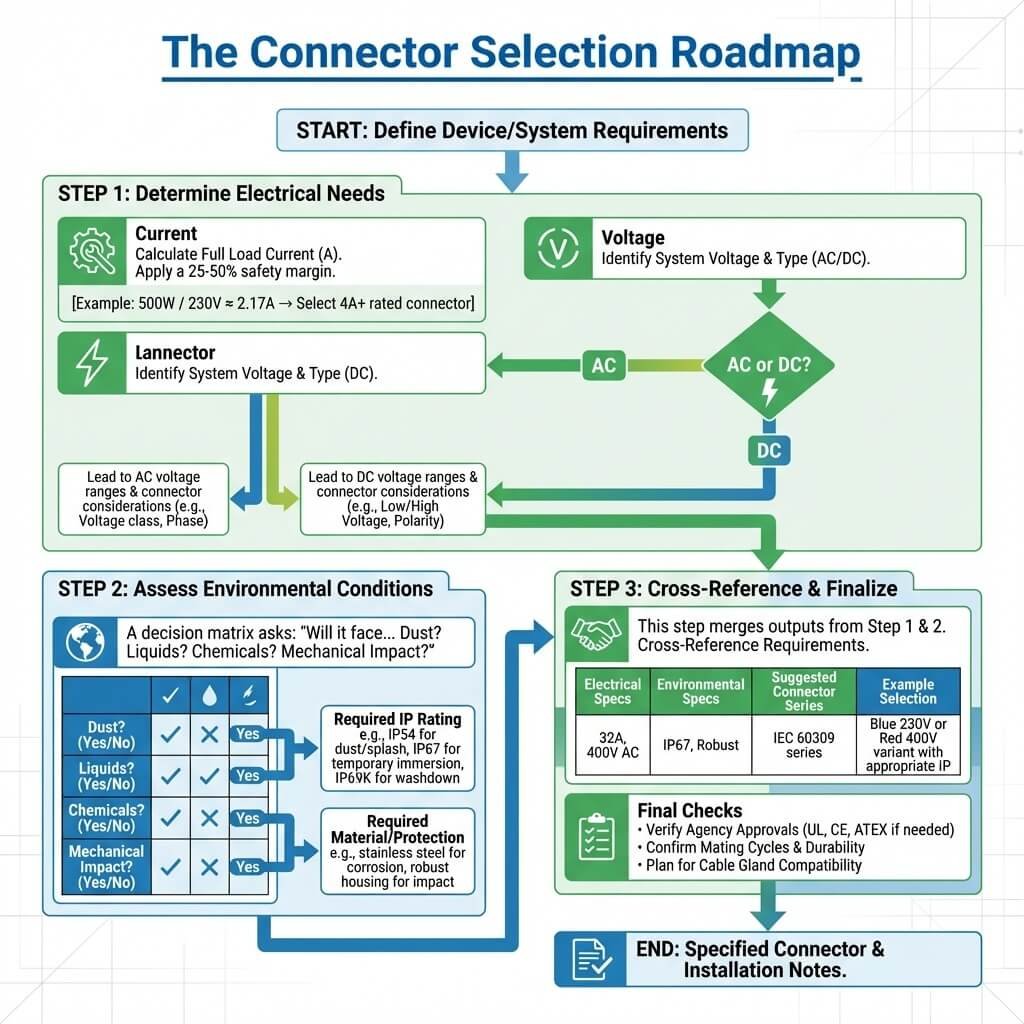 Industrial Connector Selection Current, Voltage & IP Rating (2) A flowchart guiding the selection of industrial connectors through steps of calculating electrical requirements (current, voltage), assessing environmental needs for IP rating, and finalizing specifications.