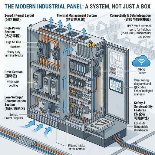 Cutaway diagram of a modern modular industrial control panel, showing zoned internal layout, thermal management, data connectivity, and safety features as an integrated system.