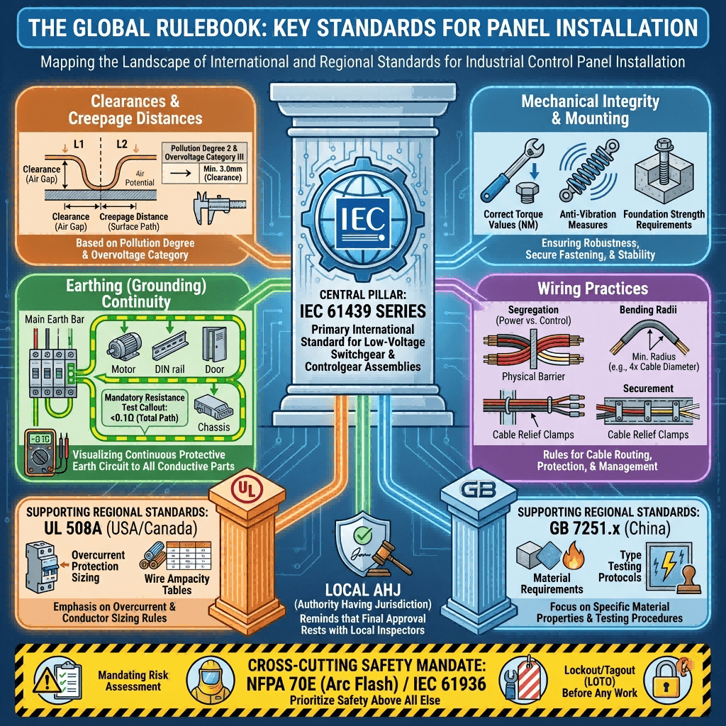 Infographic outlining key requirements from global industrial panel installation standards (IEC 61439, UL 508A), focusing on clearances, earthing, wiring, and arc flash safety.