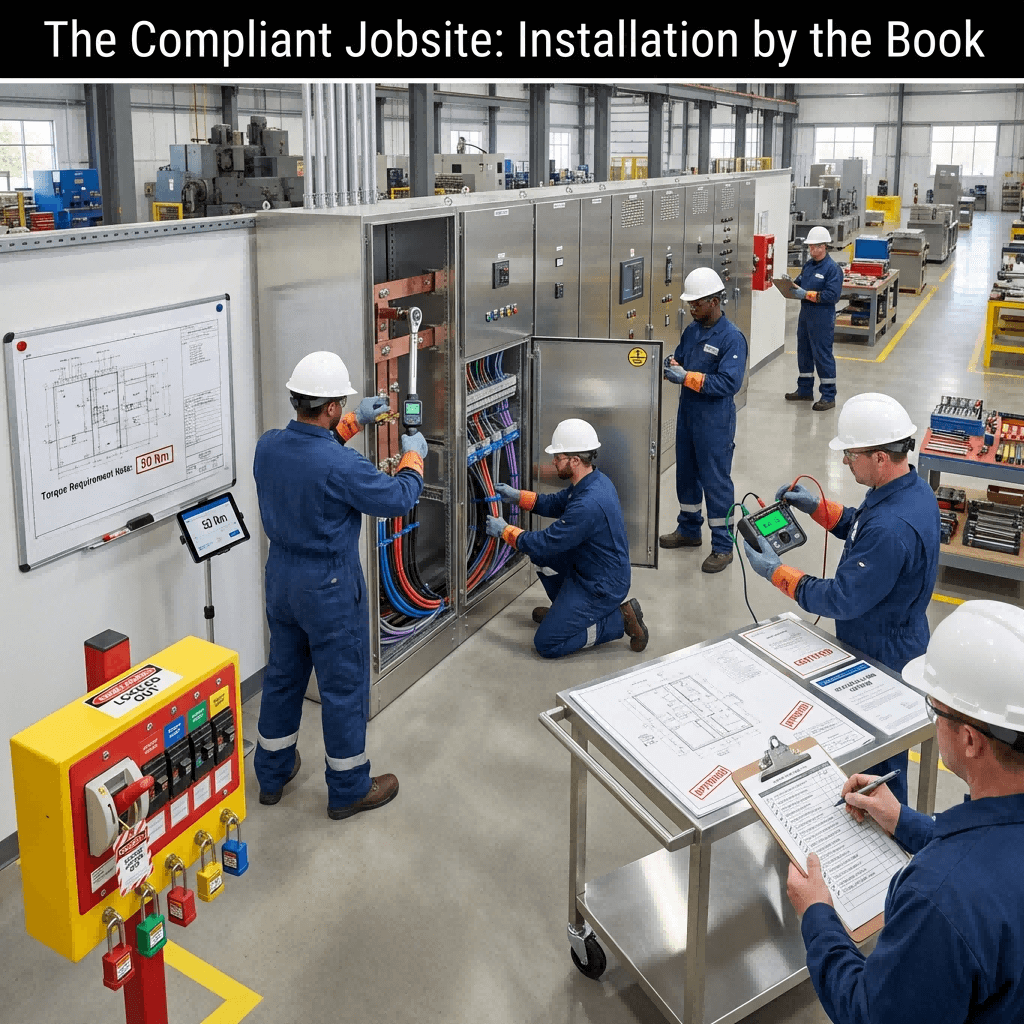 Scene showing technicians performing a compliant industrial panel installation, using torque wrenches, verifying earth bonding, managing cables correctly, and following lockout-tagout and PPE protocols.