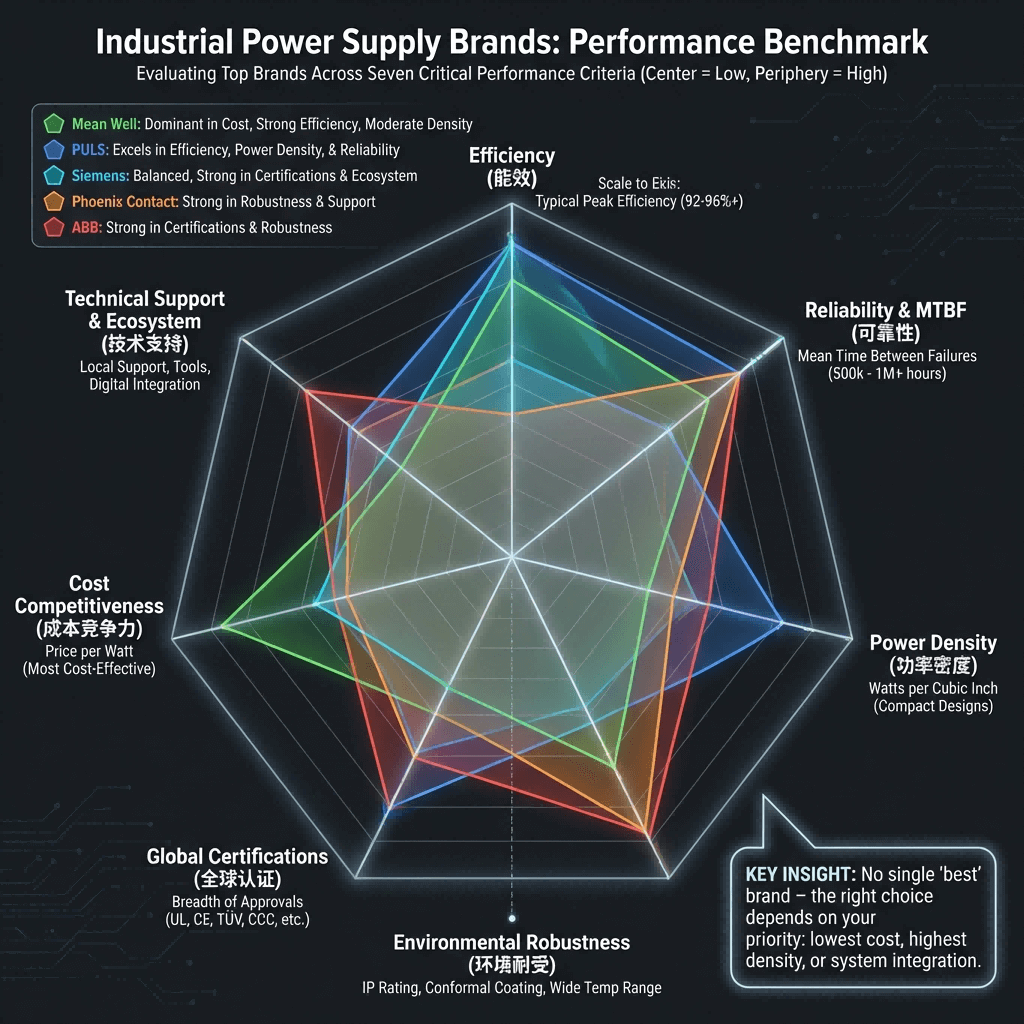 Industrial Power Supply Brands Comparison & Reviews (2) Radar chart benchmarking five major industrial power supply brands (Mean Well, PULS, Siemens, Phoenix Contact, ABB) across seven performance criteria including efficiency, reliability, cost, and technical support.