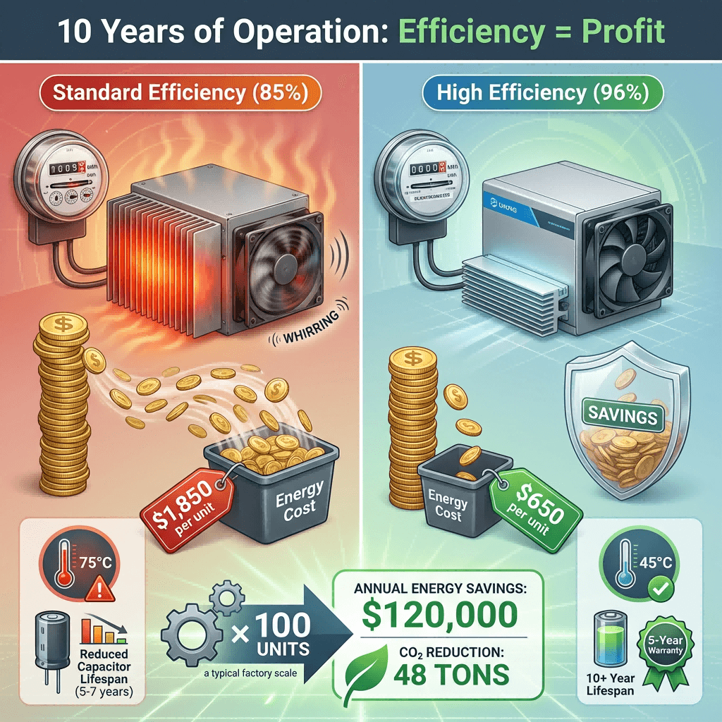 Cutaway technical diagram of a high-efficiency industrial power supply, highlighting resonant converter topology, synchronous rectification, smart fan control, and PFC for >95% efficiency.