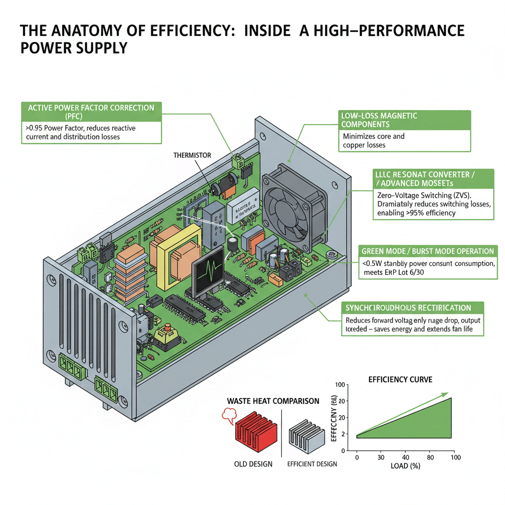 Side-by-side comparison of standard vs. high-efficiency industrial power supplies over 10 years, showing dramatic differences in energy cost, heat waste, lifespan, and total CO₂ savings.