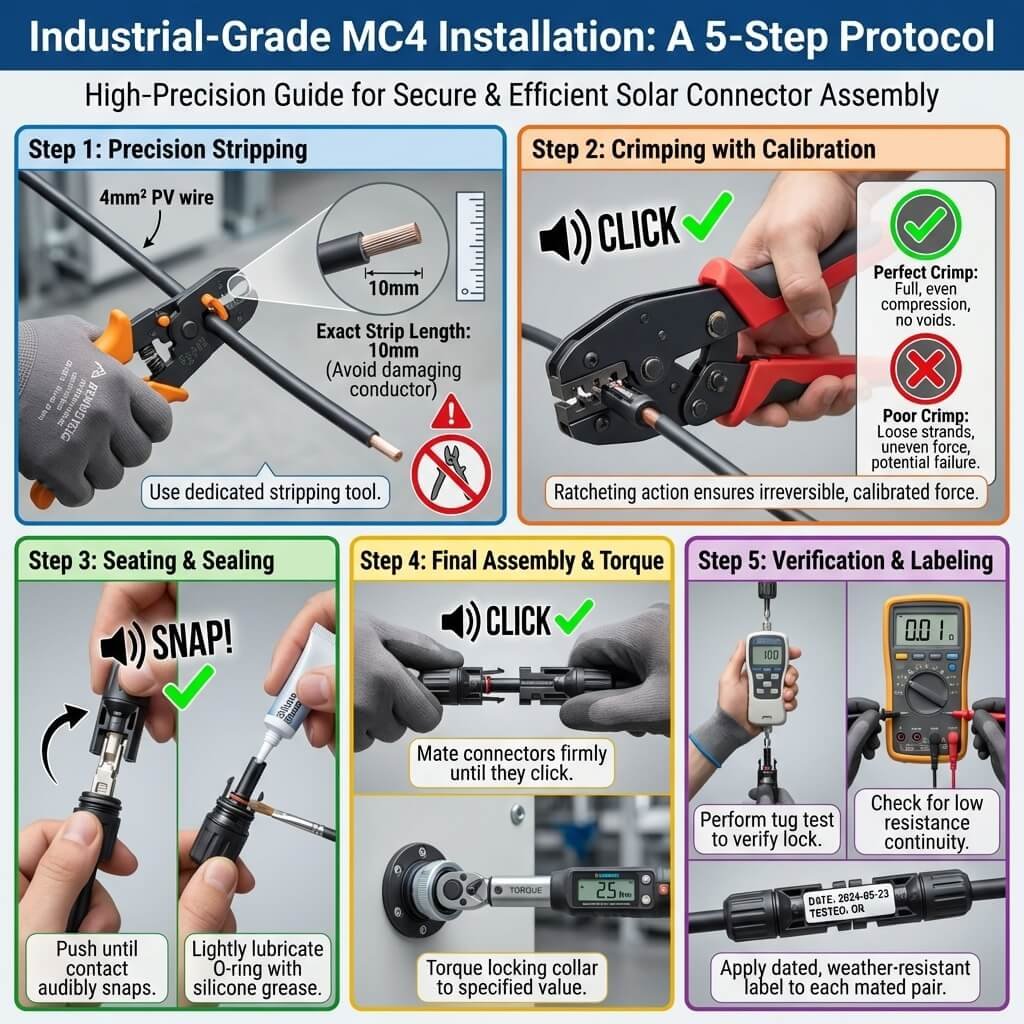 A five-panel guide showing the critical steps for professional MC4 installation: precision stripping, calibrated crimping, proper sealing, final torquing, and verification testing.