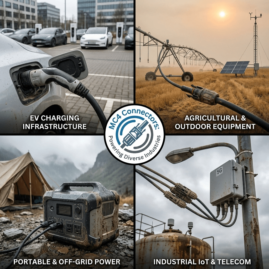 A four-panel graphic showing MC4 connectors in diverse industrial applications: EV charging, agricultural tech, portable power stations, and telecom/ IoT infrastructure.