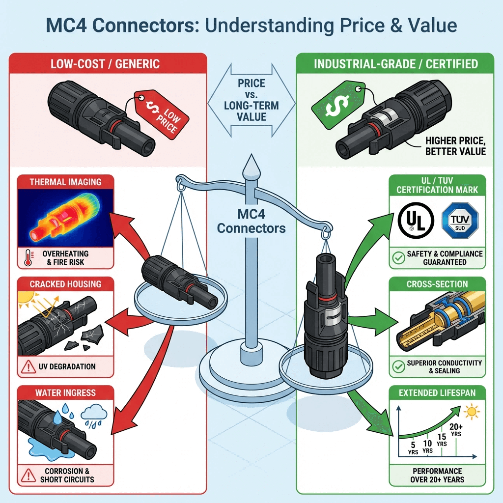 Infographic comparing low-cost generic MC4 connectors versus industrial-grade ones, highlighting cost-driven risks like overheating and the value of certifications, robust sealing, and longevity.