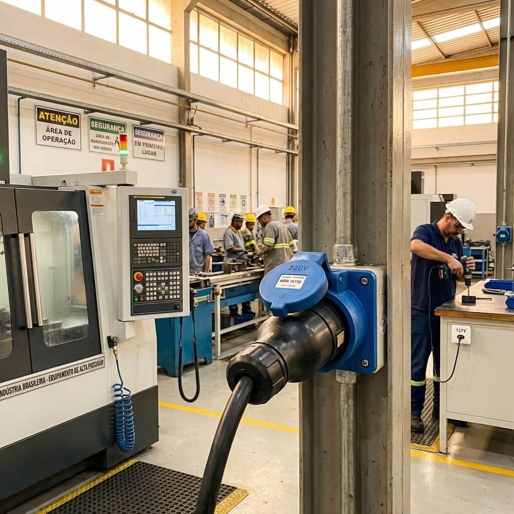 Tomada Elétrica Industrial Brazilian Standard Plugs & Sockets (1) Scene inside a Brazilian factory showing a 220V NBR 14136 industrial socket reliably powering heavy machinery, with a 127V socket for tools in the background, illustrating real-world use.