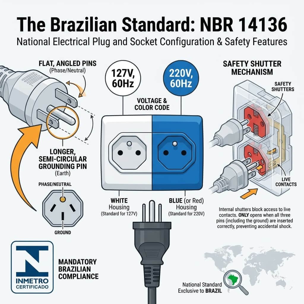 Infographic detailing the Brazilian NBR 14136 industrial plug and socket standard, highlighting its unique pin shape, 127V/220V color coding, safety shutter, and INMETRO certification.