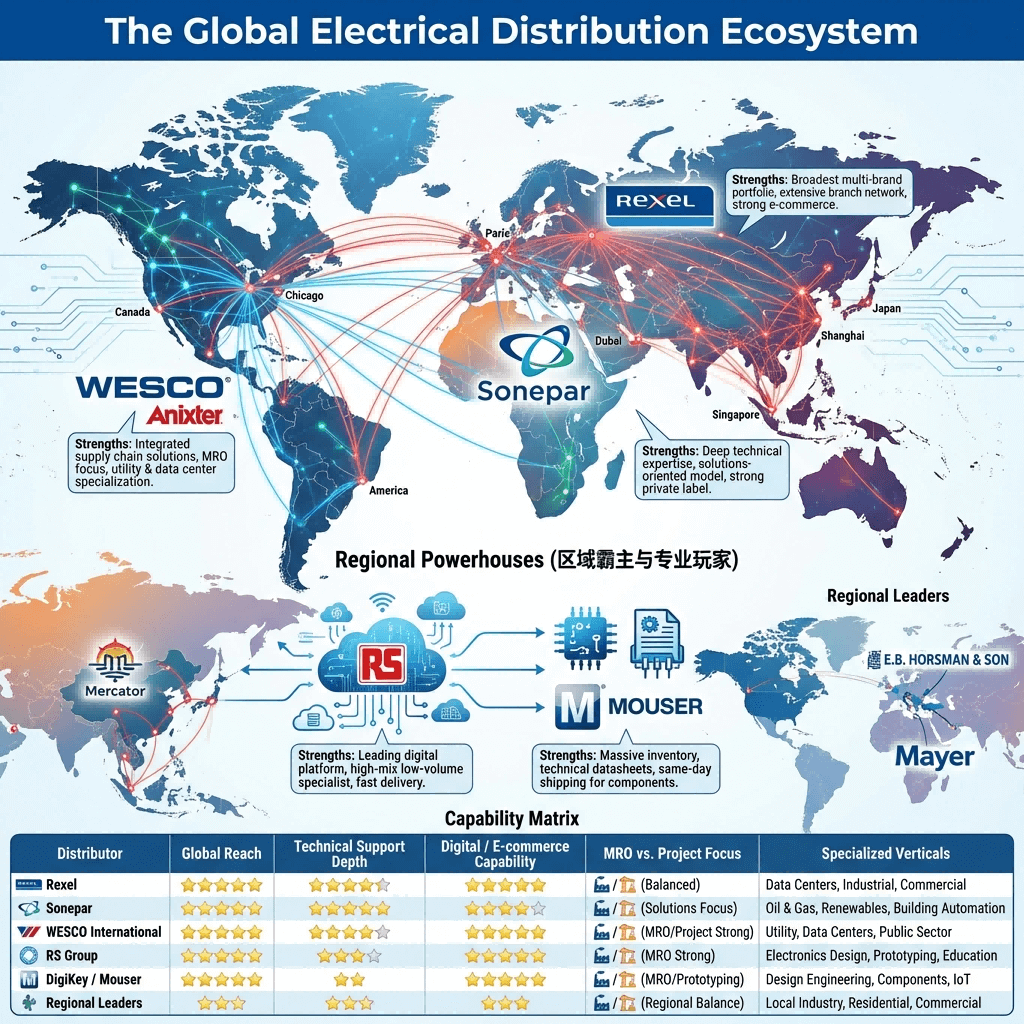 World map infographic showing the global footprint of top industrial electrical distributors like Rexel, Sonepar, WESCO, and RS Group, with a capability matrix comparing their reach, technical support, and specialization.