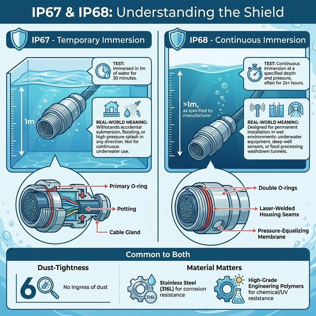 Infographic comparing IP67 and IP68 protection levels for industrial connectors, explaining test conditions, sealing technology, and suitable applications.