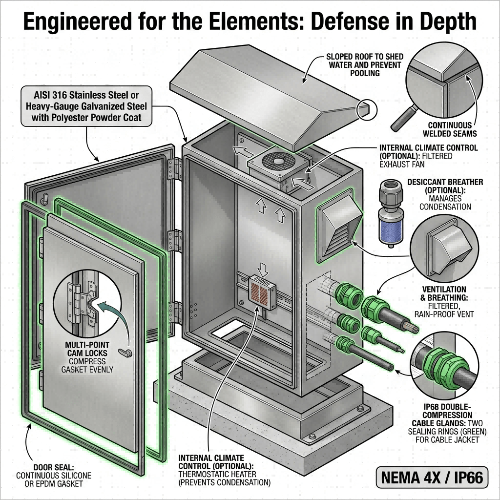Exploded diagram of an outdoor industrial panel showing its stainless steel construction, sloped roof, multi-point door seal, IP68 cable glands, and climate control options for full weatherproofing.